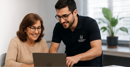Pessoa aprendendo informática com orientação de um instrutor