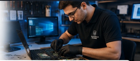 Profissional de suporte técnico trabalhando em notebook